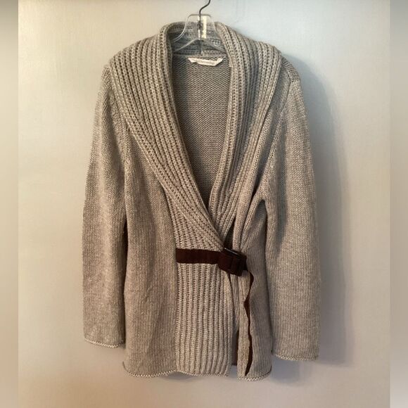 SOFT SURROUNDINGS SIZE XL GREY COUNTRY WEEKEND LEATHER BELTED CARDIGAN SWEATER - Picture 2 of 8